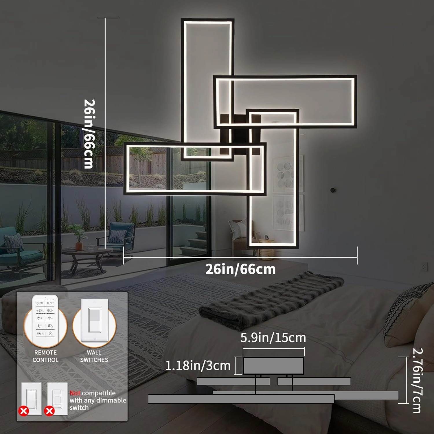 Modern LED Ceiling Lights for Bedroom 26" Dimmable Square Ceiling Lights for Living Room with Remote Control Black Bedroom Light Fixture for Kitchen,Bathroom,Balcony