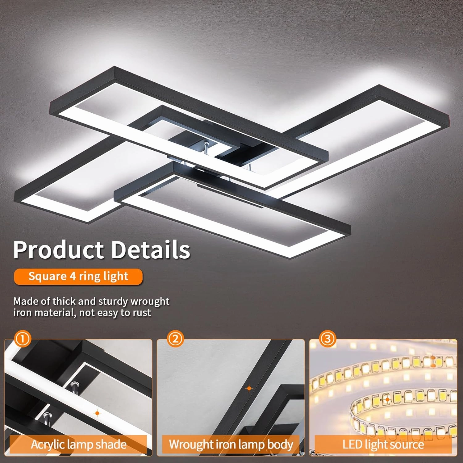 Modern LED Ceiling Lights for Bedroom 26" Dimmable Square Ceiling Lights for Living Room with Remote Control Black Bedroom Light Fixture for Kitchen,Bathroom,Balcony
