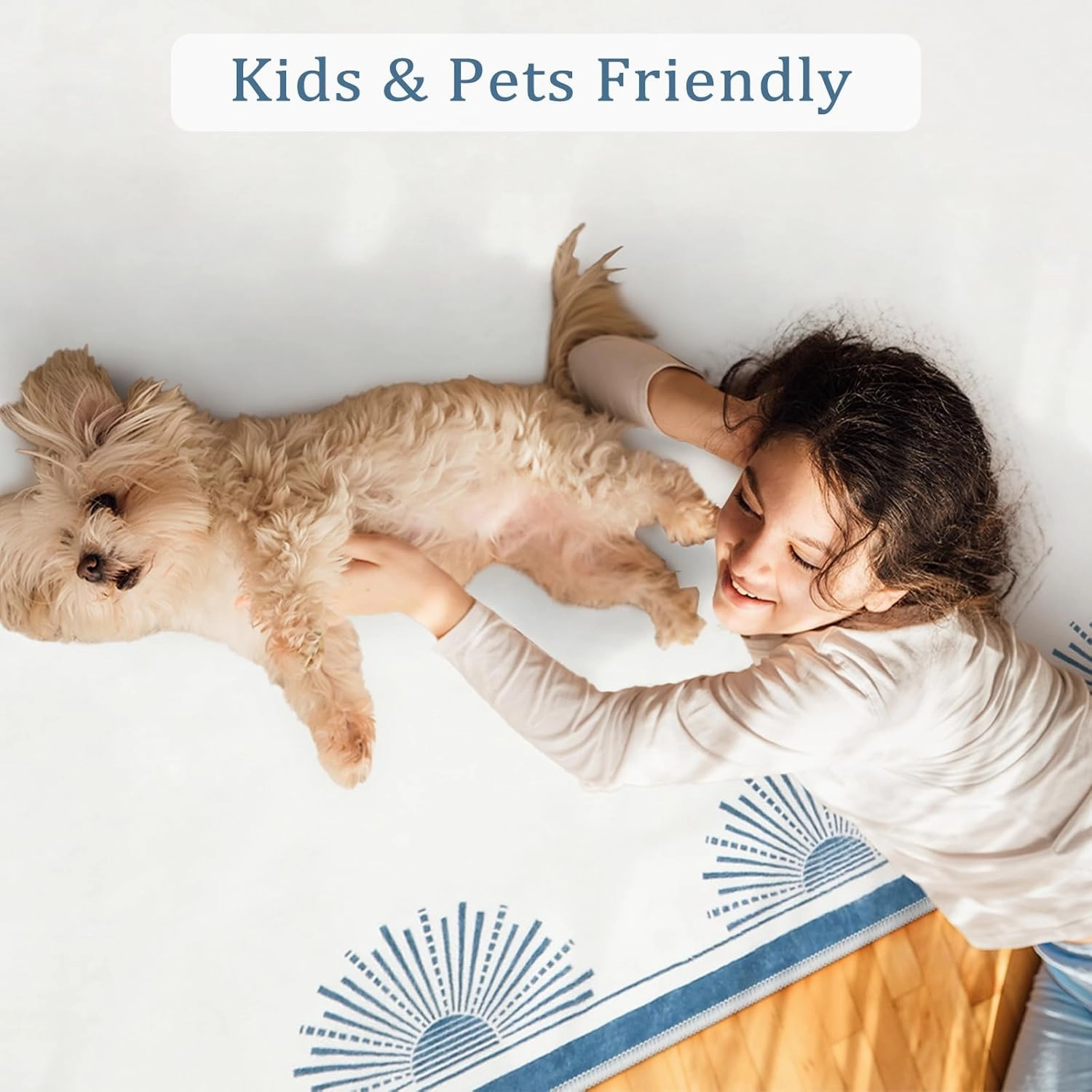 Modern Washable Rugs 5x7, Low Pile White Rugs for Bedroom,Non Slip Soft Living Room Carpet, Sun Printed Non Shedding Accent Throw Rug for Dorm Nursery(5'x7',White/Blue)