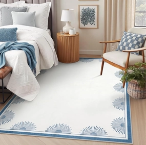 Modern Washable Rugs 5x7, Low Pile White Rugs for Bedroom,Non Slip Soft Living Room Carpet, Sun Printed Non Shedding Accent Throw Rug for Dorm Nursery(5'x7',White/Blue)