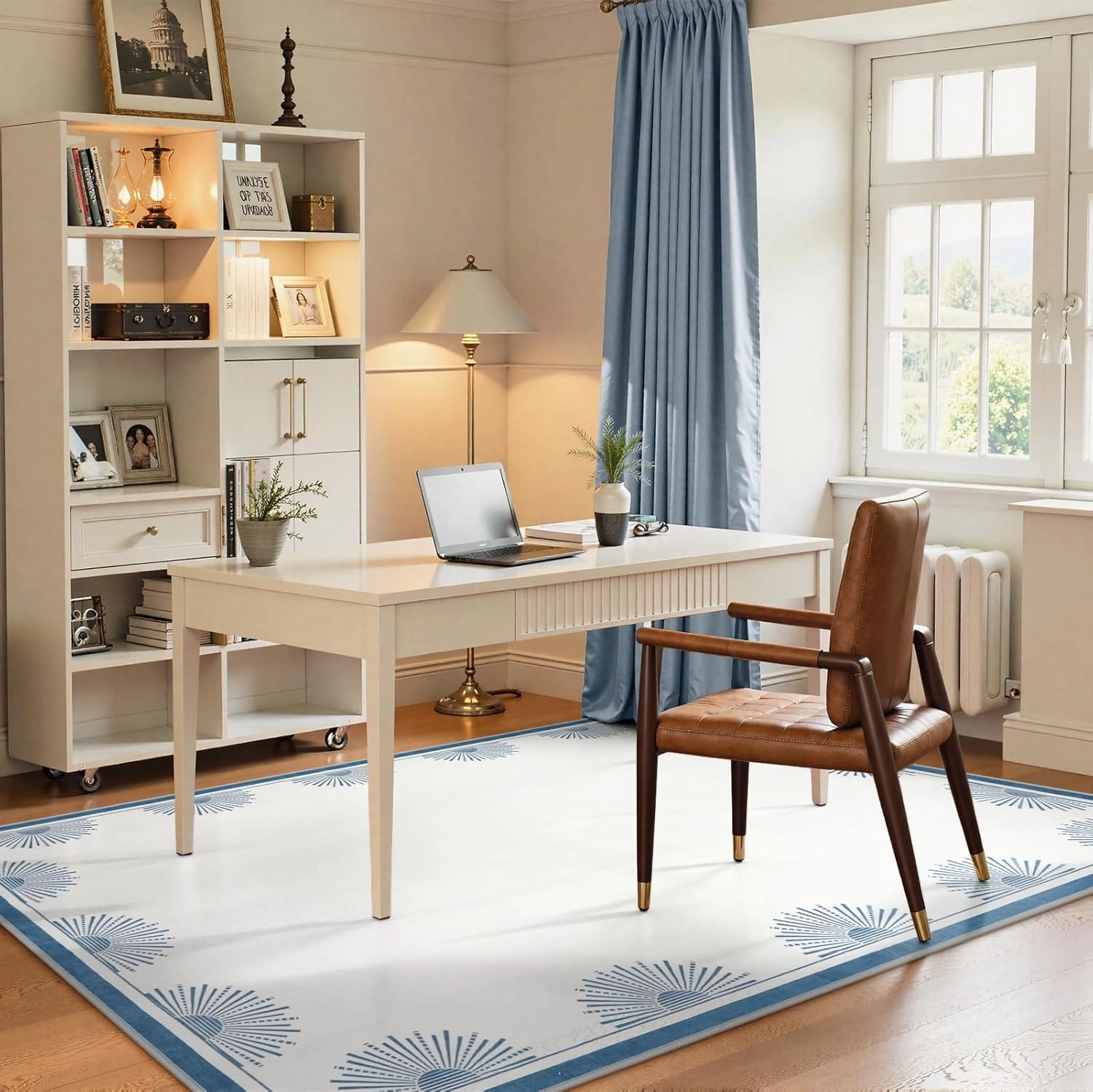 Modern Washable Rugs 5x7, Low Pile White Rugs for Bedroom,Non Slip Soft Living Room Carpet, Sun Printed Non Shedding Accent Throw Rug for Dorm Nursery(5'x7',White/Blue)
