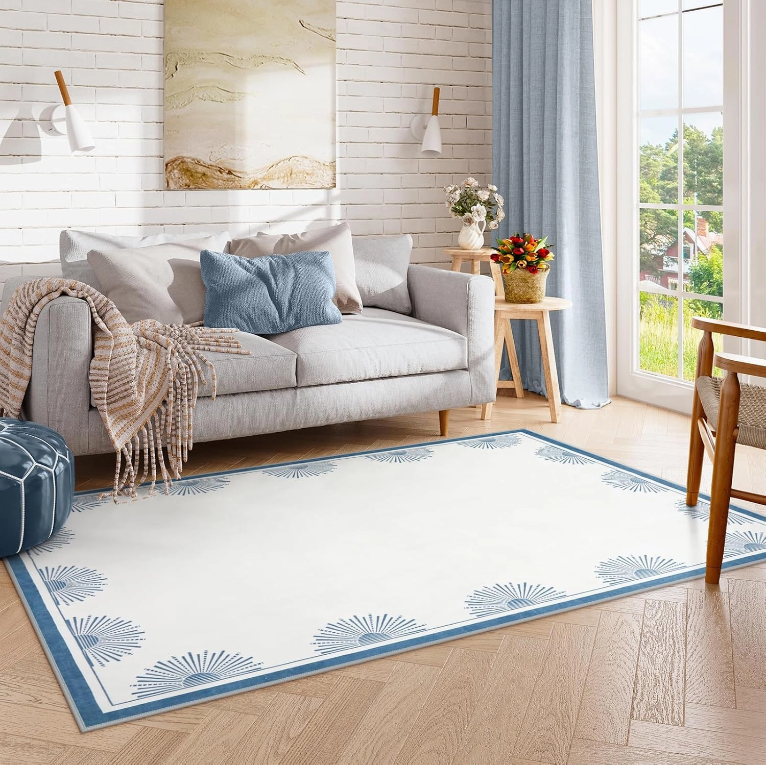 Modern Washable Rugs 5x7, Low Pile White Rugs for Bedroom,Non Slip Soft Living Room Carpet, Sun Printed Non Shedding Accent Throw Rug for Dorm Nursery(5'x7',White/Blue)