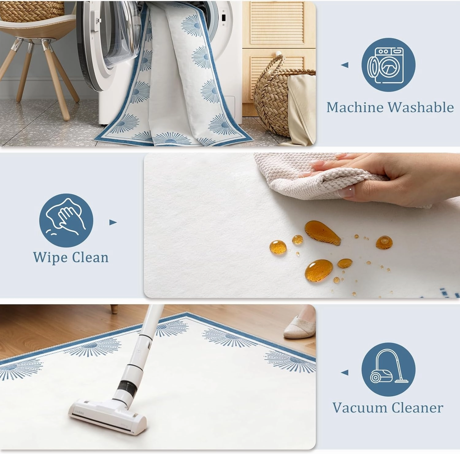 Modern Washable Rugs 5x7, Low Pile White Rugs for Bedroom,Non Slip Soft Living Room Carpet, Sun Printed Non Shedding Accent Throw Rug for Dorm Nursery(5'x7',White/Blue)