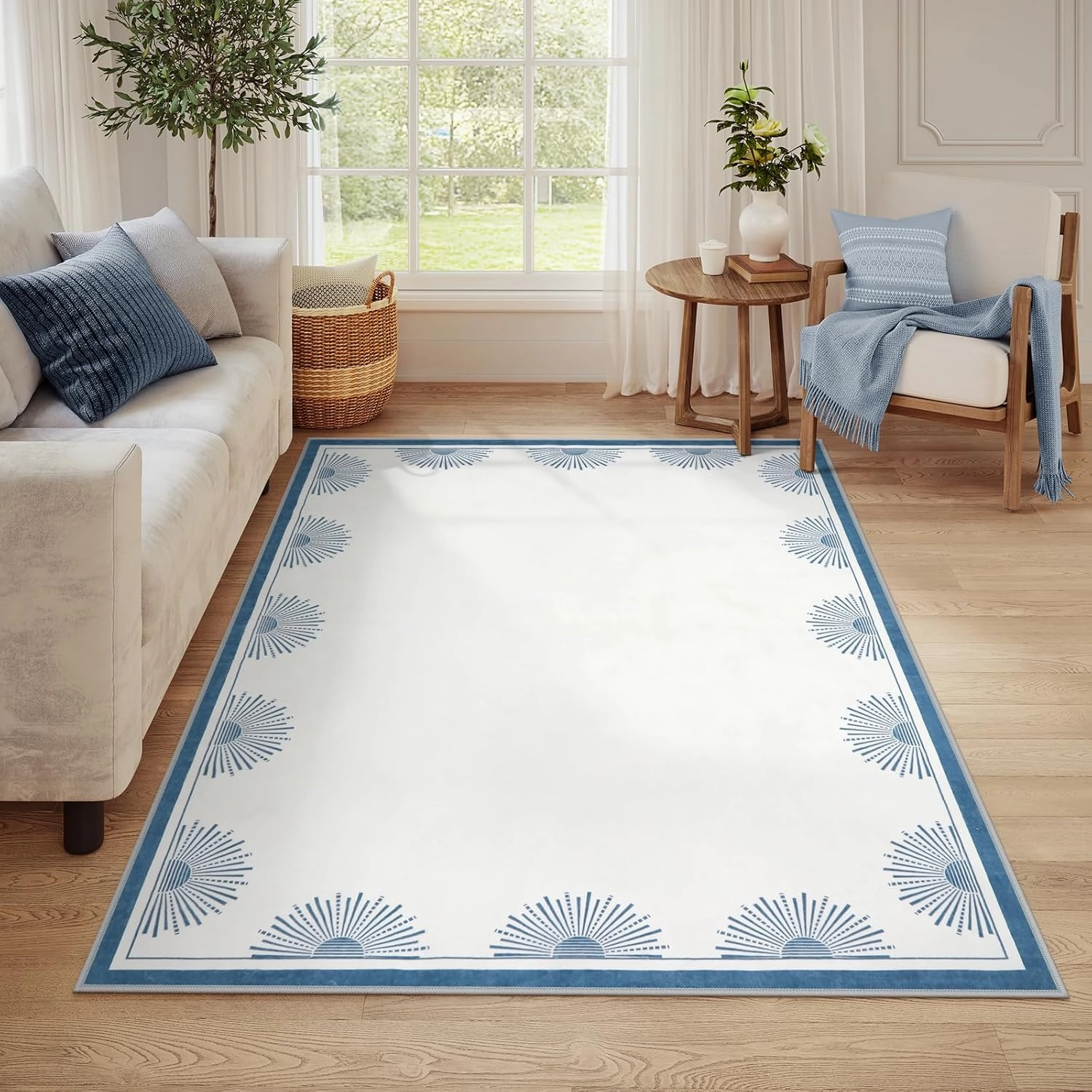 Modern Washable Rugs 5x7, Low Pile White Rugs for Bedroom,Non Slip Soft Living Room Carpet, Sun Printed Non Shedding Accent Throw Rug for Dorm Nursery(5'x7',White/Blue)