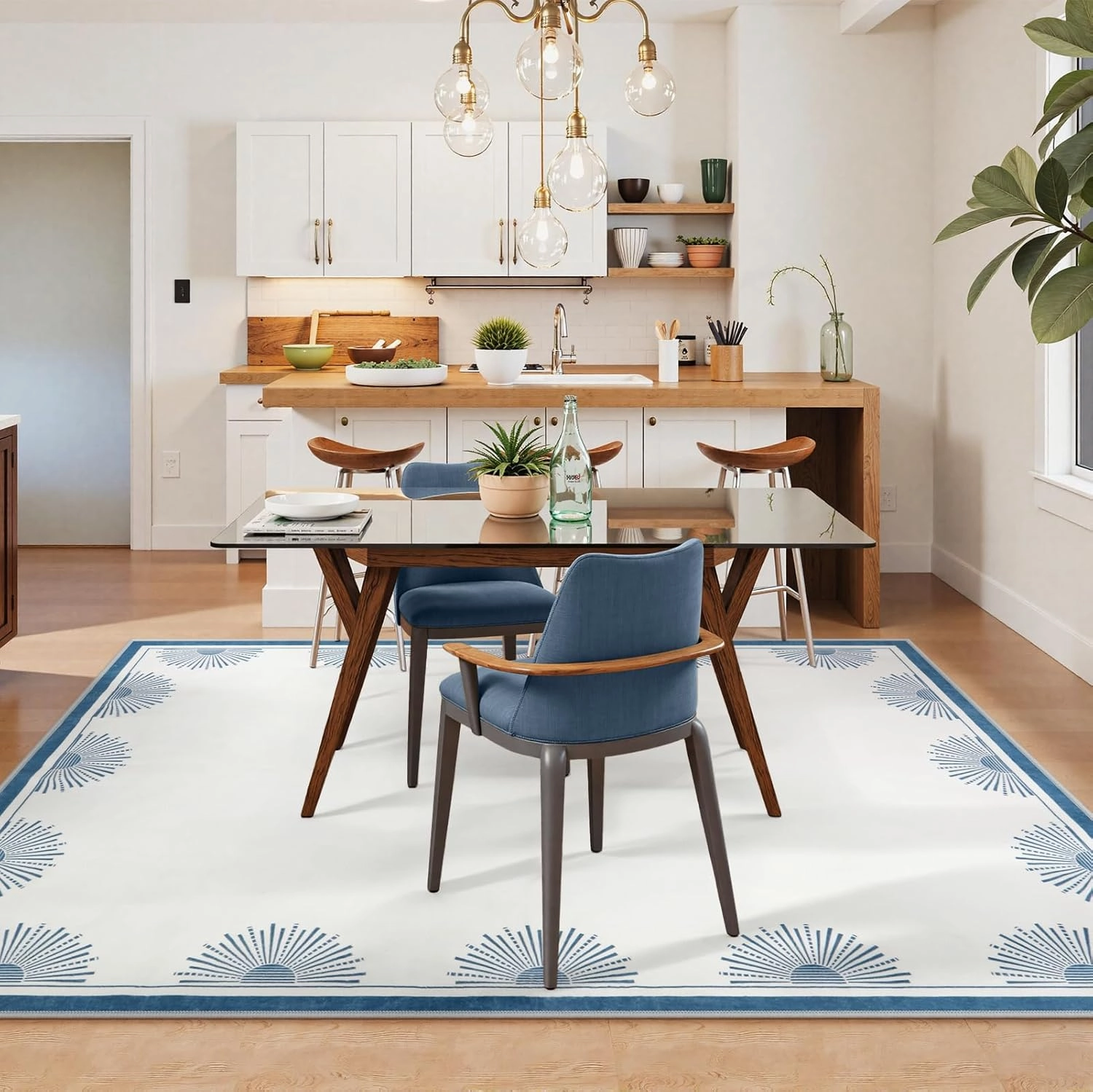 Modern Washable Rugs 5x7, Low Pile White Rugs for Bedroom,Non Slip Soft Living Room Carpet, Sun Printed Non Shedding Accent Throw Rug for Dorm Nursery(5'x7',White/Blue)