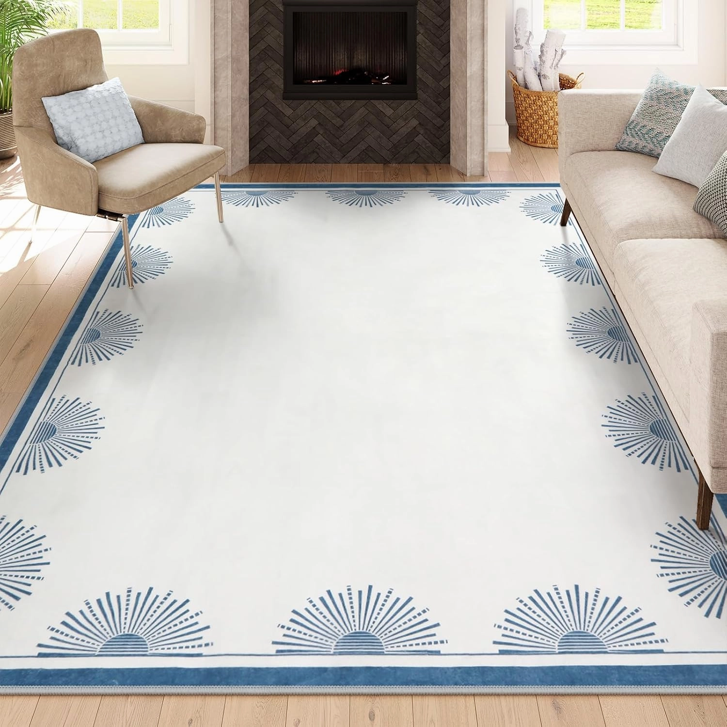 Modern White Rug 8x10, Low Pile Machine Washble Area Rugs, Soft Non Slip Rug for Bedroom,Sun Print Floor Carpet for Dining Room Table Living Room(8'x10',White/Blue)
