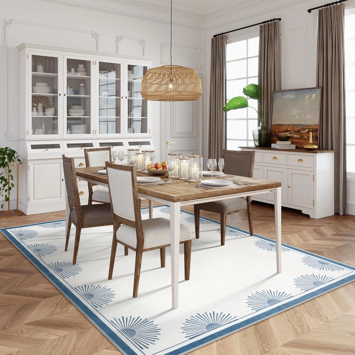 Modern White Rug 8x10, Low Pile Machine Washble Area Rugs, Soft Non Slip Rug for Bedroom,Sun Print Floor Carpet for Dining Room Table Living Room(8'x10',White/Blue)