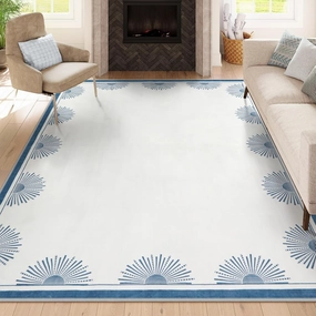 Modern White Rug 8x10, Low Pile Machine Washble Area Rugs, Soft Non Slip Rug for Bedroom,Sun Print Floor Carpet for Dining Room Table Living Room(8'x10',White/Blue)