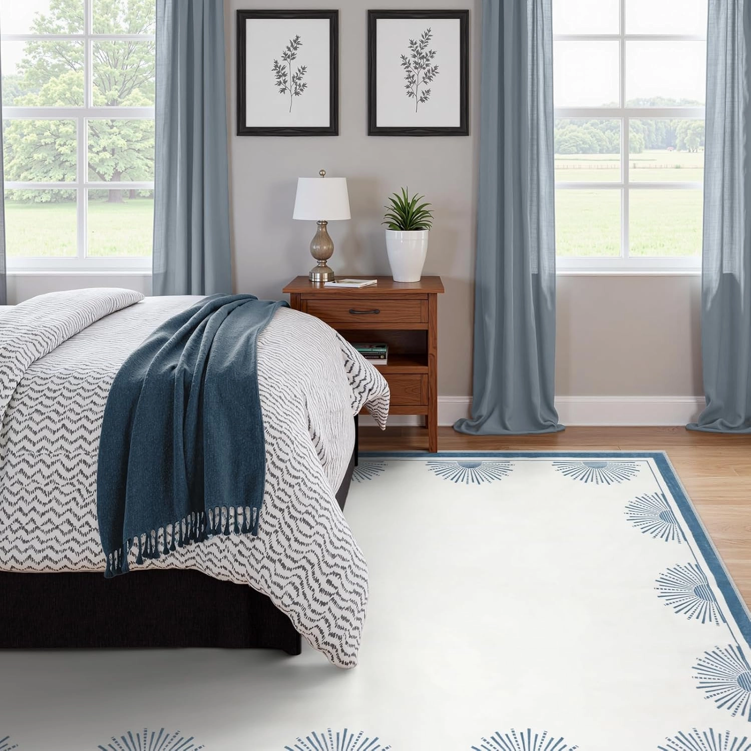 Modern White Rug 8x10, Low Pile Machine Washble Area Rugs, Soft Non Slip Rug for Bedroom,Sun Print Floor Carpet for Dining Room Table Living Room(8'x10',White/Blue)
