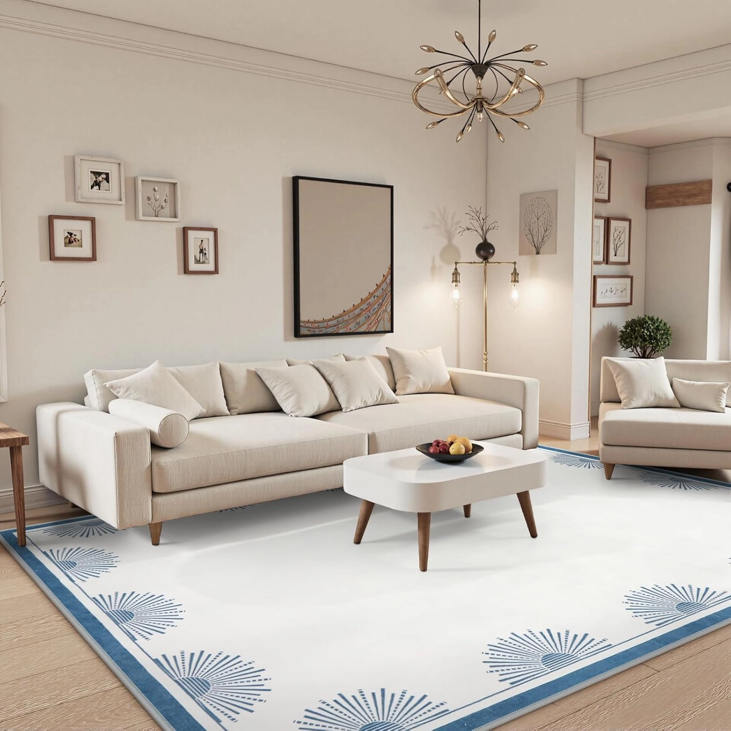 Modern White Rug 8x10, Low Pile Machine Washble Area Rugs, Soft Non Slip Rug for Bedroom,Sun Print Floor Carpet for Dining Room Table Living Room(8'x10',White/Blue)