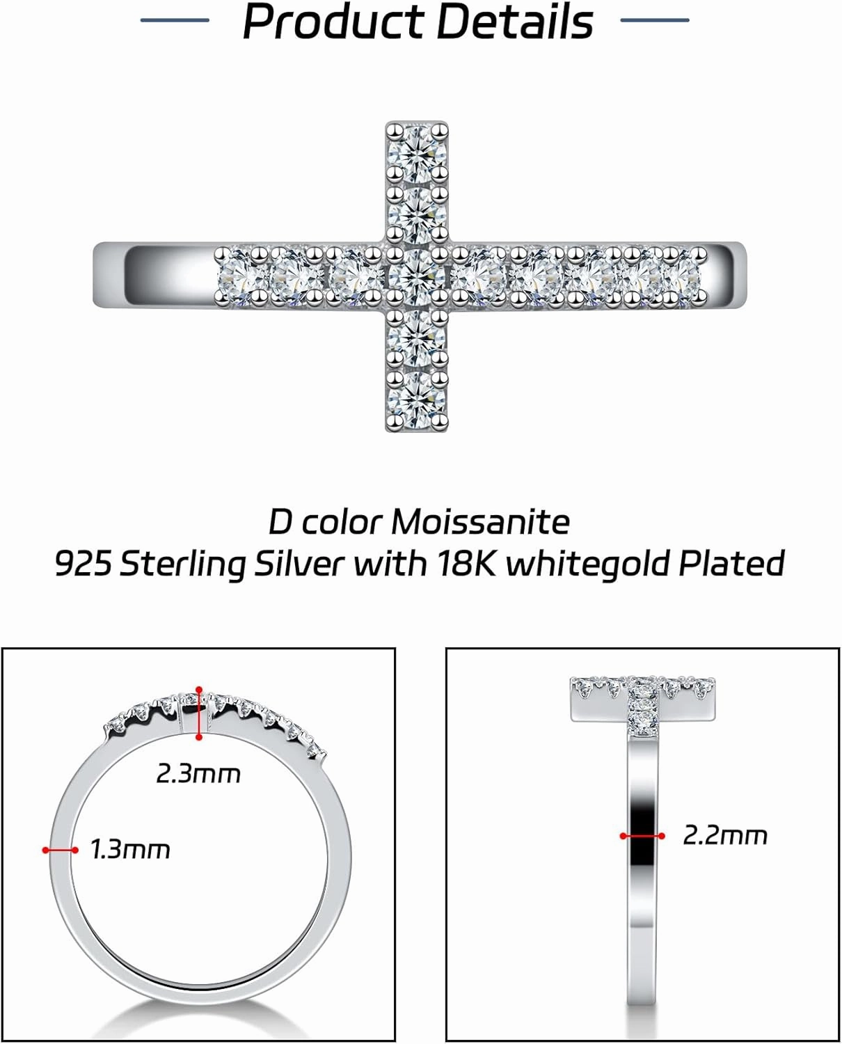 Moissanite Sterling Silver Sideways Cross Rings for Women 925 Eternity Promise Infinity Wedding Band for Her, Size 4-11