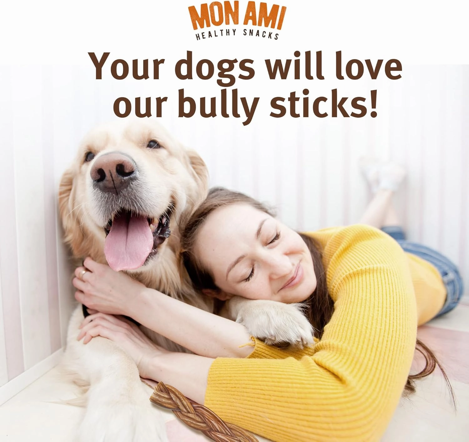 Mon Ami Braided Bully Sticks for Large and Small Dogs (5-6 inches, Pack of 12) - Made from Grass Fed Beef Dog Treats - Natural Bully Sticks - Grain Free & High Protein Dog Snack