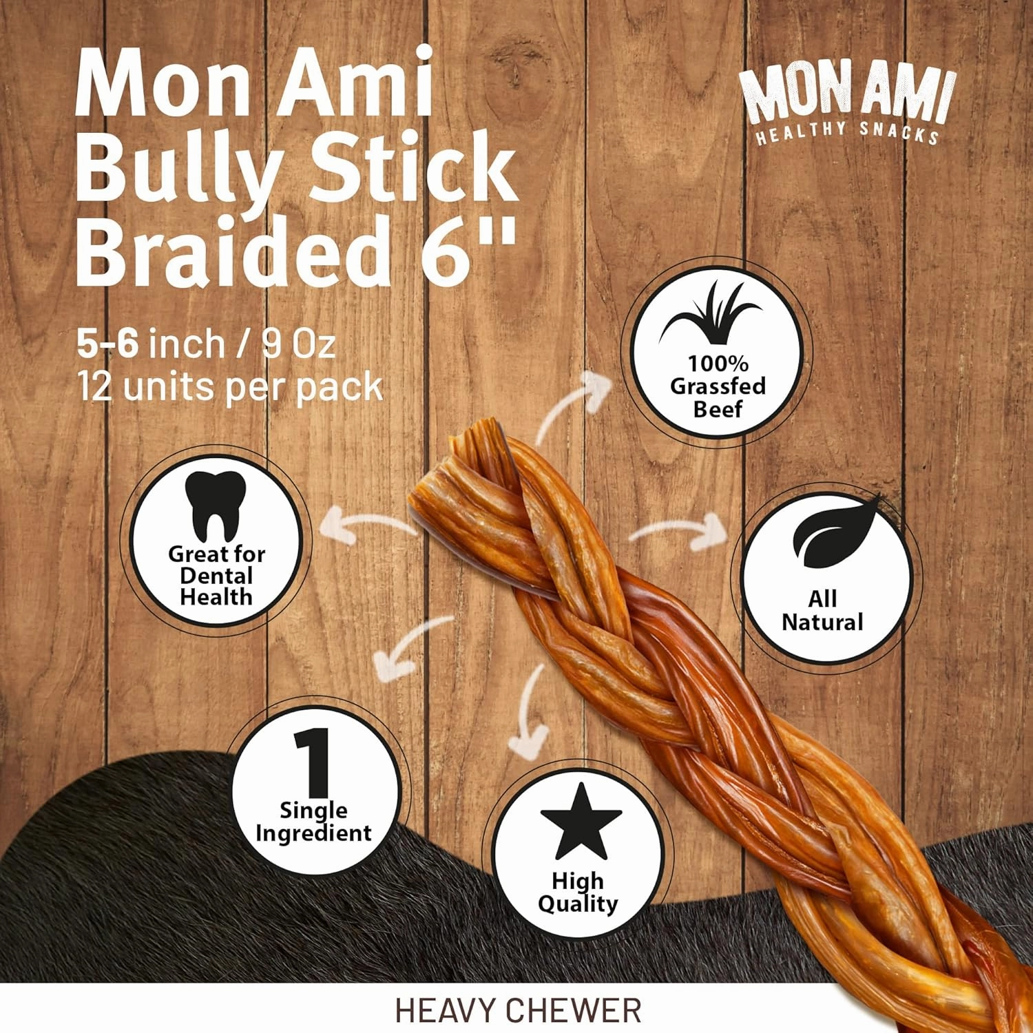 Mon Ami Braided Bully Sticks for Large and Small Dogs (5-6 inches, Pack of 12) - Made from Grass Fed Beef Dog Treats - Natural Bully Sticks - Grain Free & High Protein Dog Snack