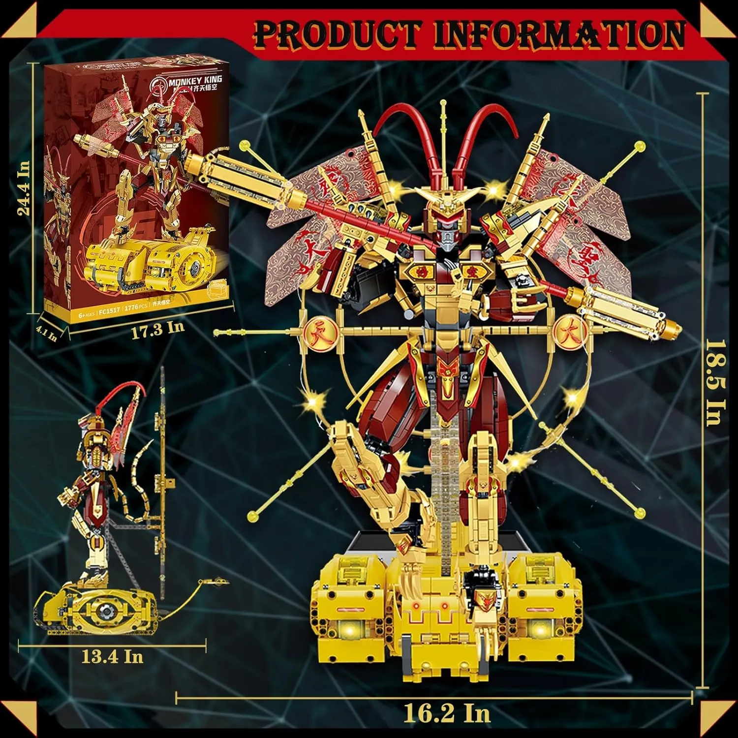 Monkey King Mecha Robot, 2024 New Monkey King Fashions Building Blocks Kit with Jingu Bang and Stand,Golden Tall with Monkey King Block Kit Collectible Display Model for Ages 14  (1776 PCS)