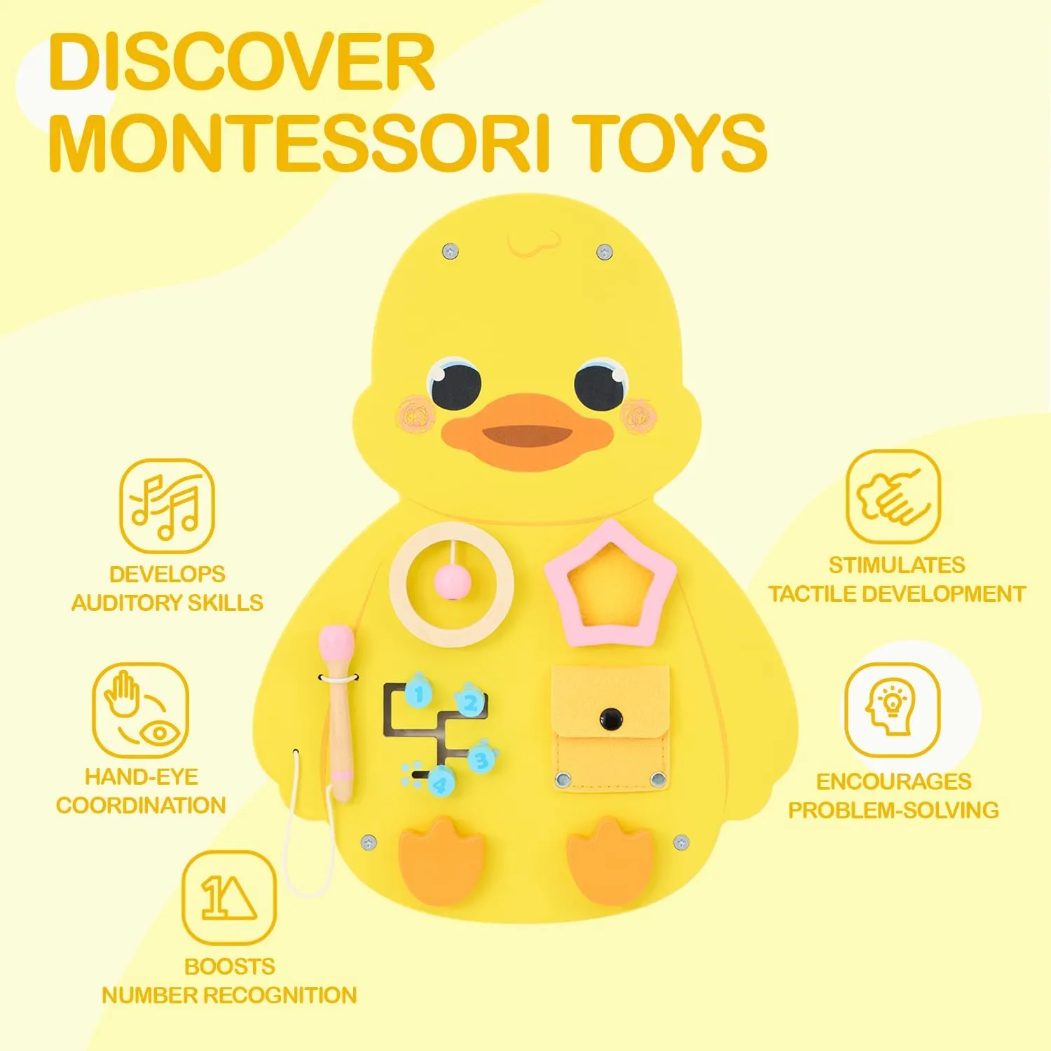 Monläurd® Wooden Duck Sensory Wall Toy, Busy Board for Toddlers, Montessori Sensory Wall Panel for Kids, Ideal for Classroom, Playroom & Daycare, Wall Activity Board