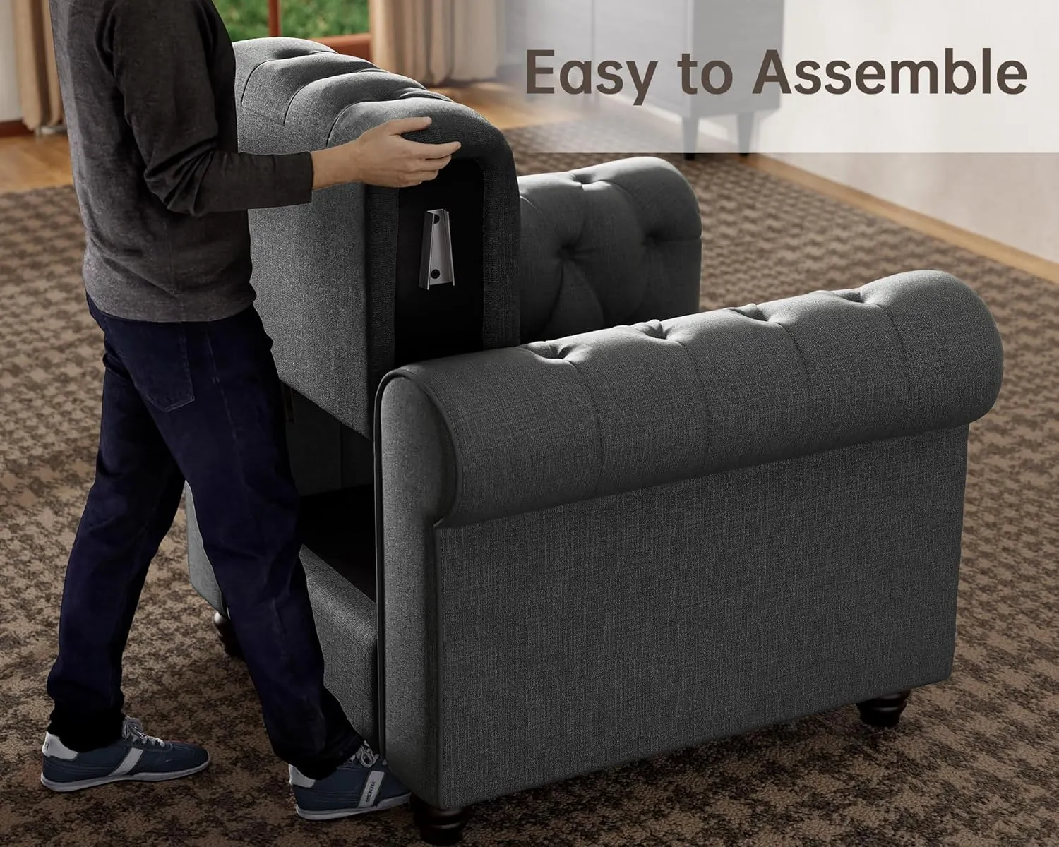 Morden Fort Classic Chesterfield Sofa Set 82'', Tufted Sofa Couch Set with Solid Wood Legs Thick Cushion, Pet-Friendly 3-Seater Sofas Couches for Living Room Bedroom Apartment - Linen Grey