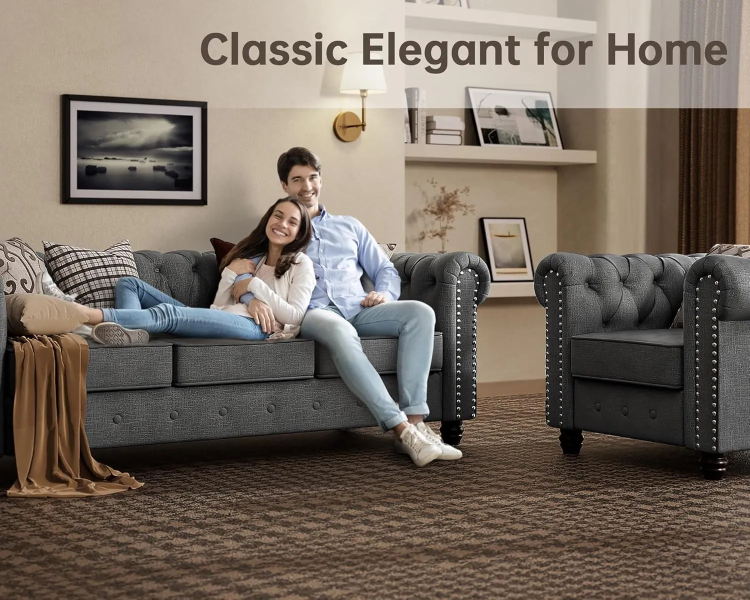 Morden Fort Classic Chesterfield Sofa Set 82'', Tufted Sofa Couch Set with Solid Wood Legs Thick Cushion, Pet-Friendly 3-Seater Sofas Couches for Living Room Bedroom Apartment - Linen Grey
