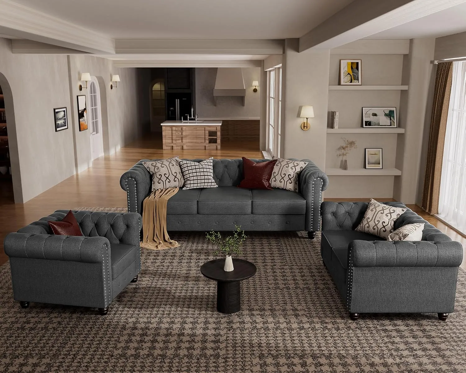 Morden Fort Classic Chesterfield Sofa Set 82'', Tufted Sofa Couch Set with Solid Wood Legs Thick Cushion, Pet-Friendly 3-Seater Sofas Couches for Living Room Bedroom Apartment - Linen Grey