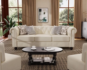 Morden Fort Classic Chesterfield Sofa Set 82'', Tufted Sofa Couch Set with Solid Wood Legs Thick Cushion, Pet-Friendly 3-Seater Sofas Couches for Living Room Bedroom Apartment - Velvet Beige