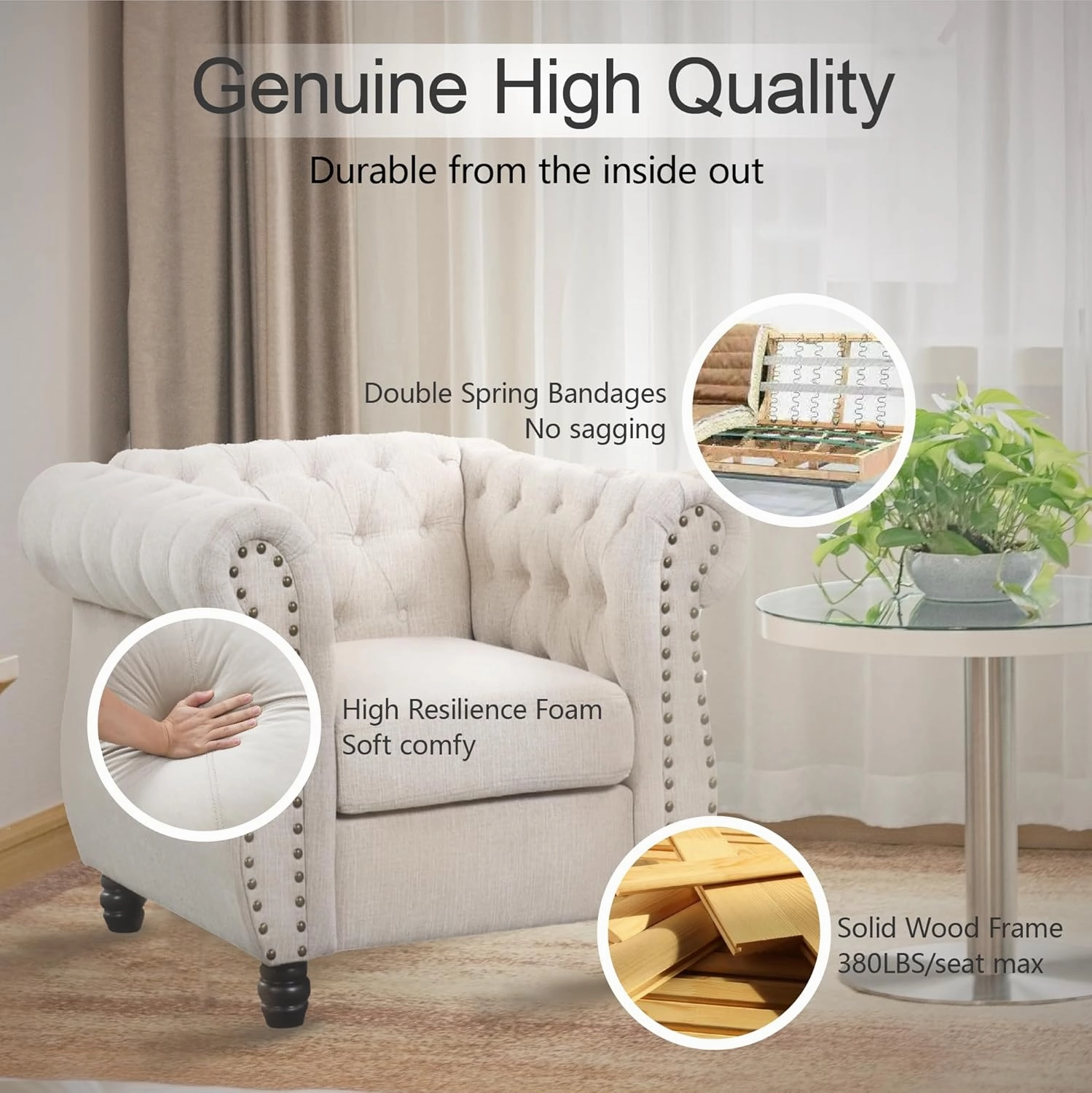 Morden Fort Classic Chesterfield Victoria Arm Sofa Set 82'', Tufted 3-Seater Sofa No Sagging with Solid Wood Legs, Pet-Friendly Sofa Set Couch for Living Room Bedroom Apartment - Chenille Beige