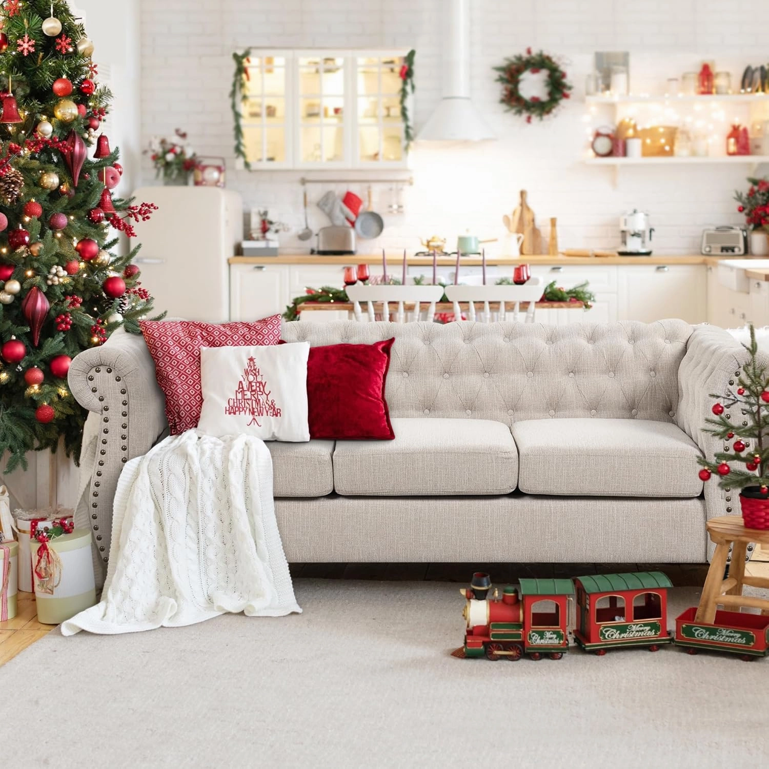 Morden Fort Classic Chesterfield Victoria Arm Sofa Set 82'', Tufted 3-Seater Sofa No Sagging with Solid Wood Legs, Pet-Friendly Sofa Set Couch for Living Room Bedroom Apartment - Chenille Beige