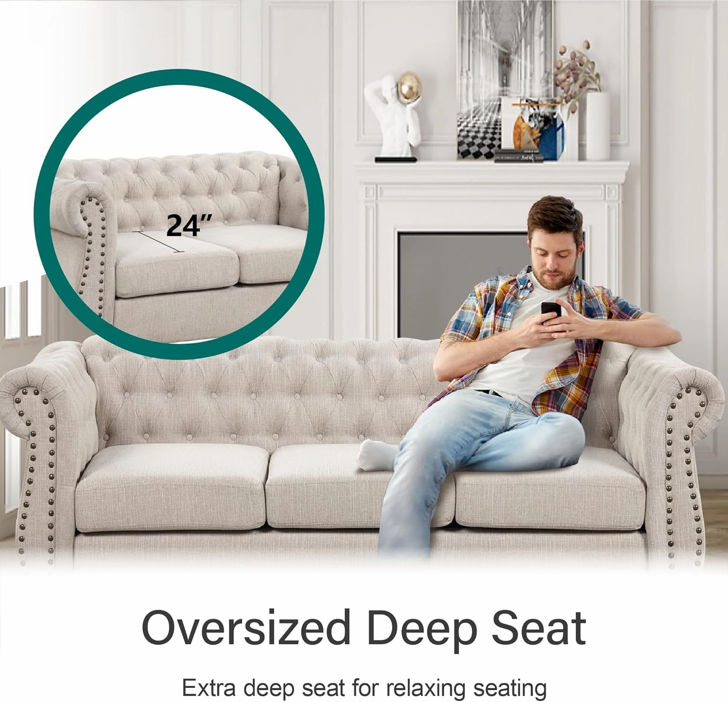 Morden Fort Classic Chesterfield Victoria Arm Sofa Set 82'', Tufted 3-Seater Sofa No Sagging with Solid Wood Legs, Pet-Friendly Sofa Set Couch for Living Room Bedroom Apartment - Chenille Beige