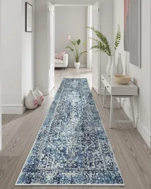 Morebes Vintage 2x8 Runner Rug for Hallways Non Slip, Washable Kitchen Runner Rugs Distressed Bath Mat, Medallion Indoor Floor Carpet for Entryway Laundry Foyer, Deep Blue