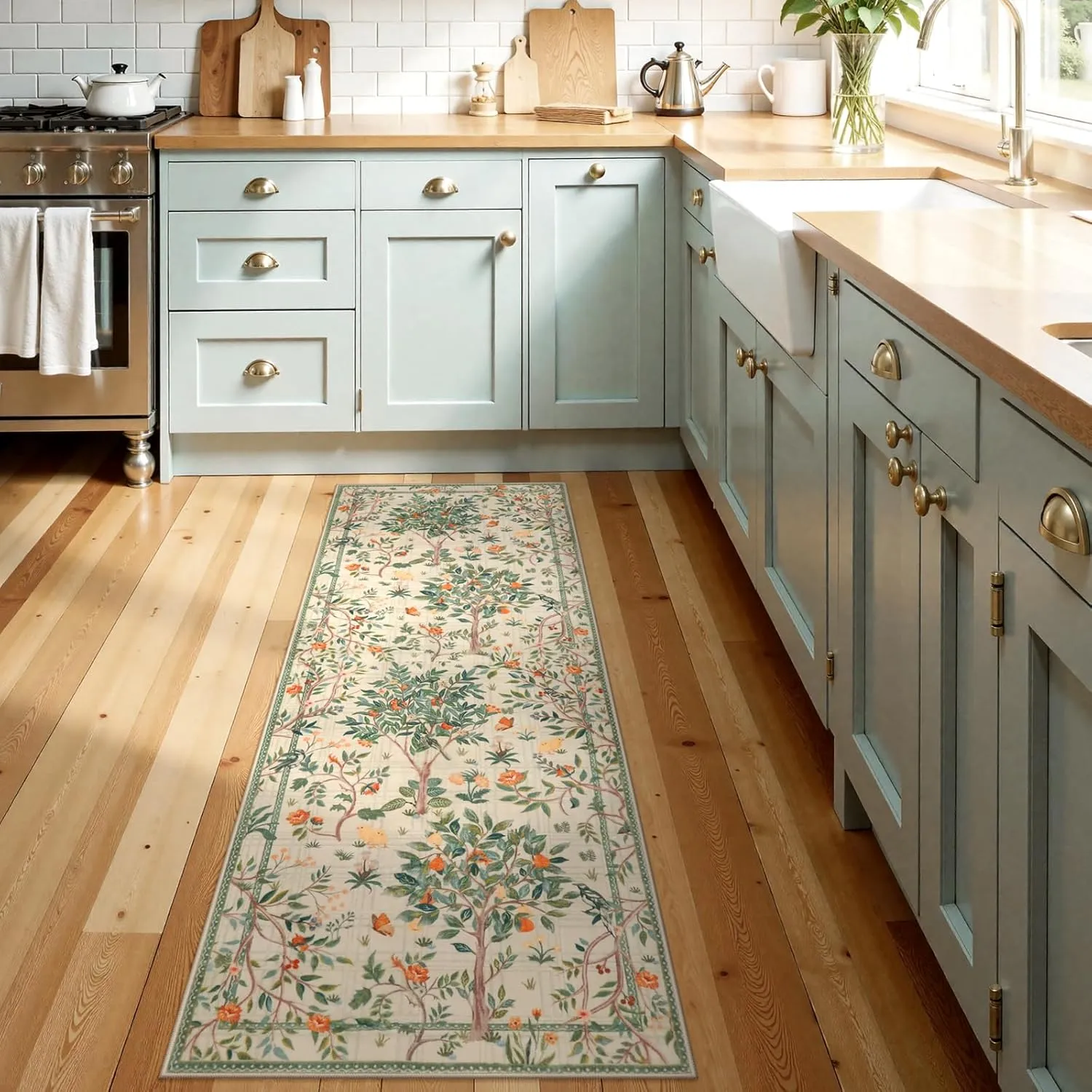 Morebes Washable Rug Runners for Hallways Non Slip 8 ft, Boho Floral Kitchen Sage Green Runner Rug, Soft Flower Botanical Indoor Throw Carpet for Entry Entrance Bedroom Laundry Room