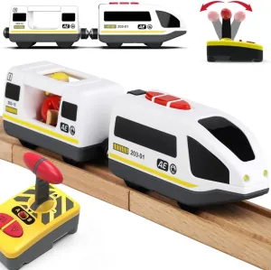 Motorised Wooden Rail Train, Remote Control Train with Magnetic Connection, Battery Operated Locomotive Train for Toddlers, Compatible with Thomas, Brio, Chuggington