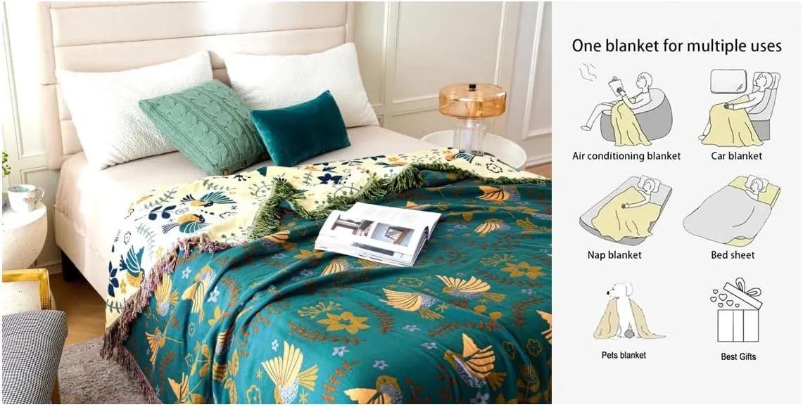 MSGKV Boho Throw Blanket 100% Cotton Blankets for Bed Couch 60''x80'', Soft Summer Blanket Travel Boho Quilt Muslin Blanket Home Decor Farmhouse Warm Throws Gifts for Women Mom