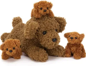 Muiteiur 4 Pcs Dog Stuffed Animals, 18.5 Inch Teddy Dog with Puppies, Brown Dog Plush for Kids Girls Boys, Gift for Birthday Theme Party