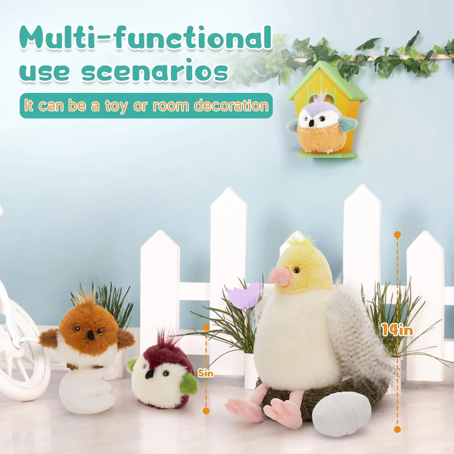 Muiteiur 7 Piece Bird Stuffed Animals, 14 in Parrot Plush Set with Nest, Cute Plush Bird Nest for Kids,Girls,Boys