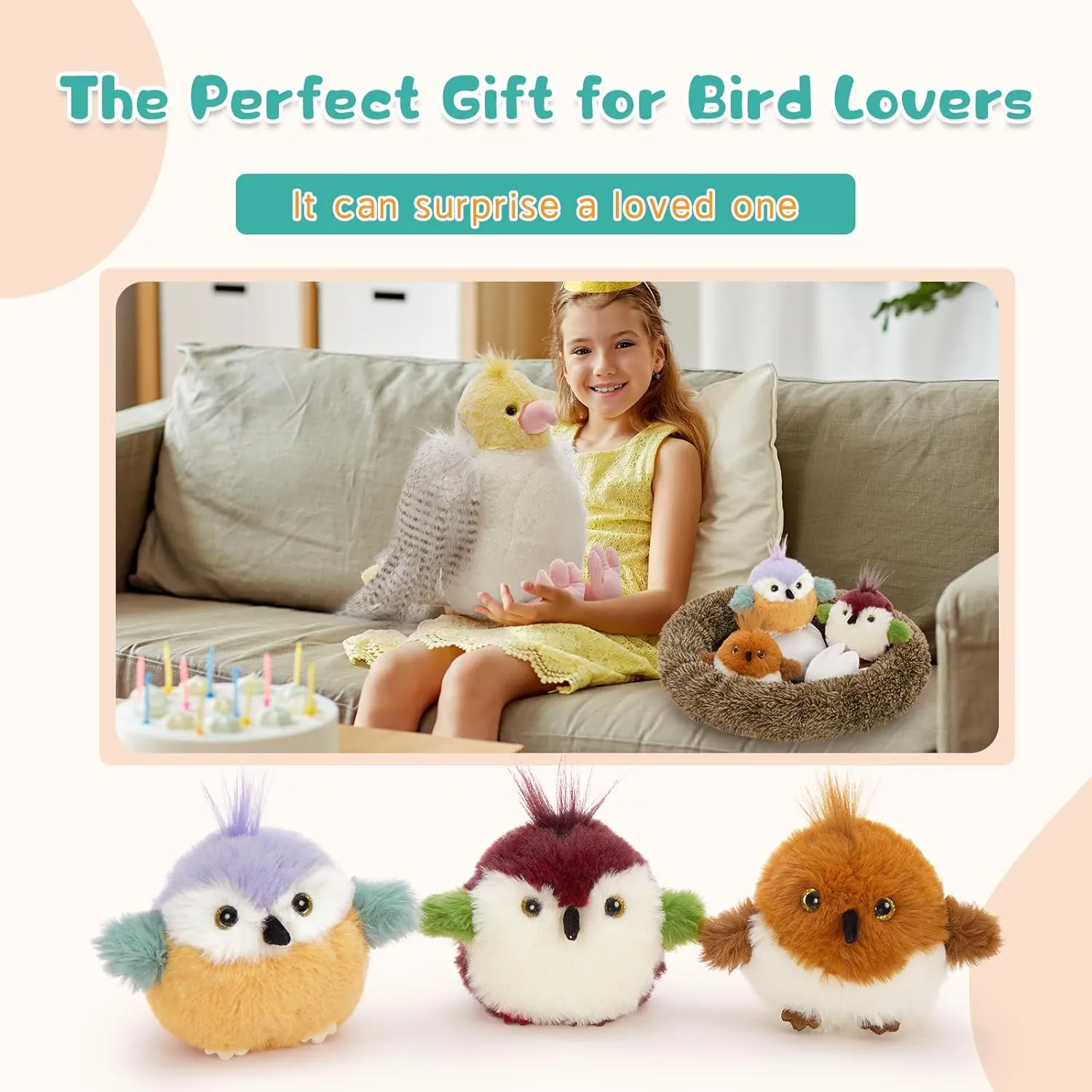 Muiteiur 7 Piece Bird Stuffed Animals, 14 in Parrot Plush Set with Nest, Cute Plush Bird Nest for Kids,Girls,Boys