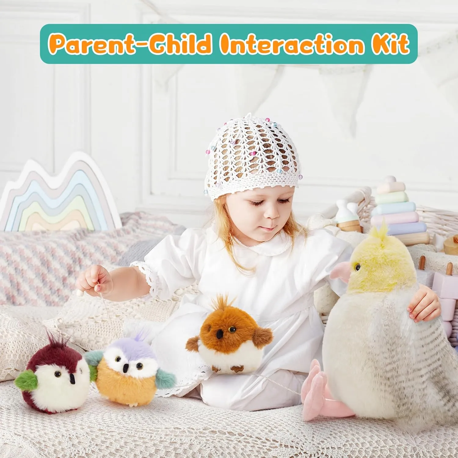Muiteiur 7 Piece Bird Stuffed Animals, 14 in Parrot Plush Set with Nest, Cute Plush Bird Nest for Kids,Girls,Boys