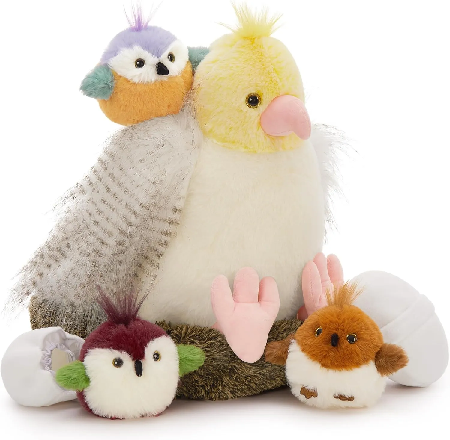Muiteiur 7 Piece Bird Stuffed Animals, 14 in Parrot Plush Set with Nest, Cute Plush Bird Nest for Kids,Girls,Boys