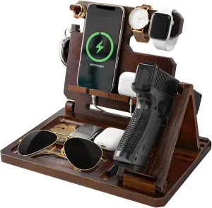 Multifunctional Wooden Gun Rack, Durable Nightstand Organizer with Pistol Rack Pistol Display Stand for Phone Wallet Ring Key Watch Gun Gifts for Men Dad Husband Boyfriend, Dark Brown