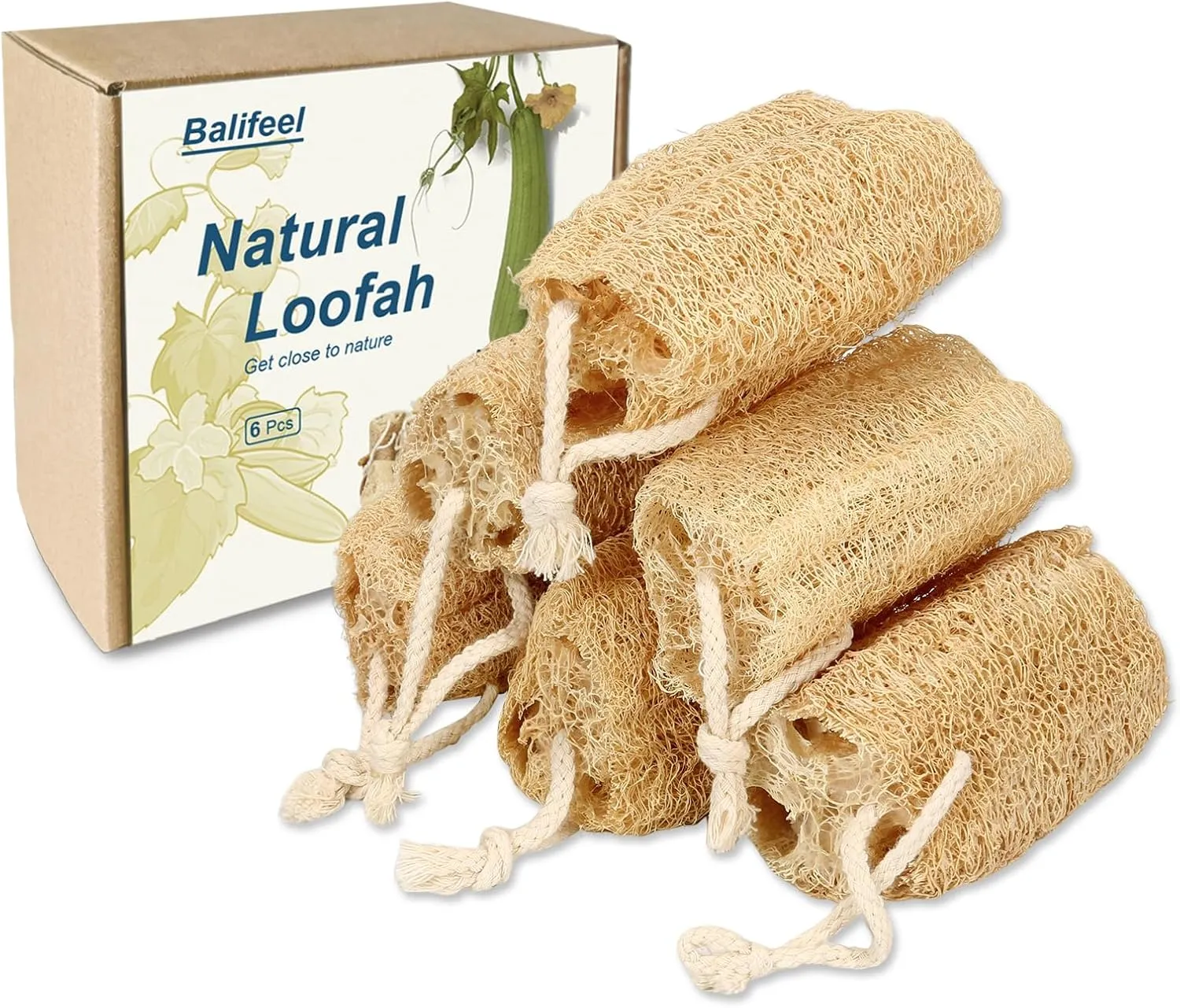 Natural Loofah Sponge Organic Loofa Set 6 Pack,Exfoliating Body Scrubber Shower Luffa Men and Women for Bath Cleaning Skin Back and Face Eco Tool