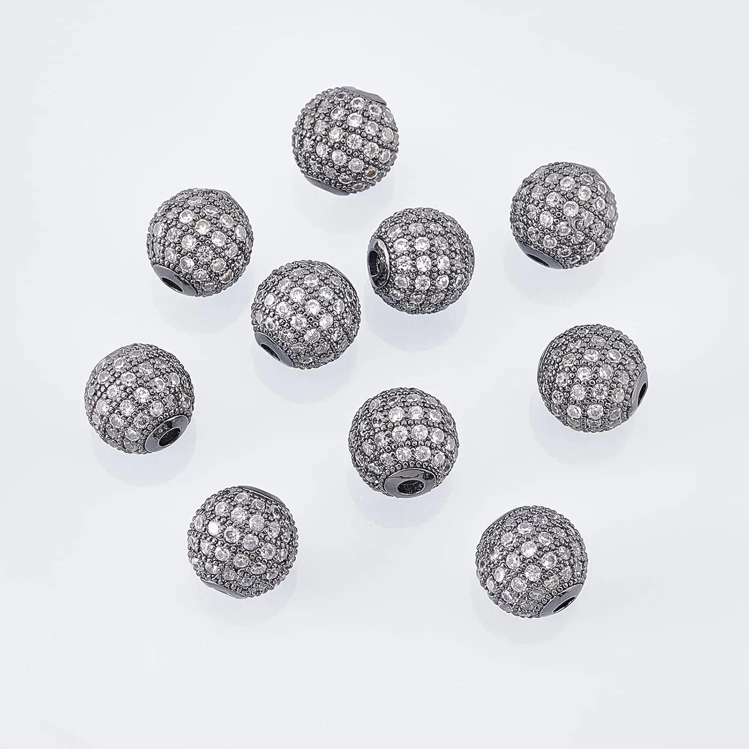 NBEADS 10 Pcs 10mm Gunmetal Brass Cubic Zirconia Beads, Clear CZ Stones Pave Micro Setting Disco Ball Spacer Beads, Round Bracelet Connector Charms Beads for Jewelry Making