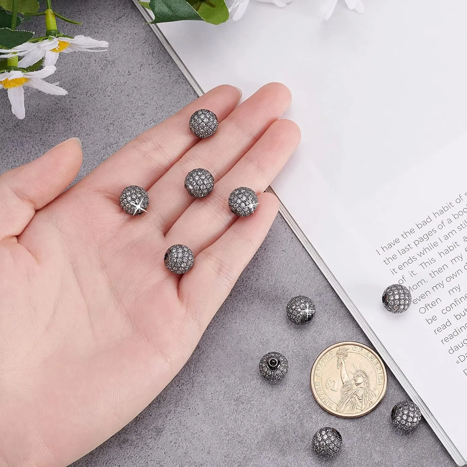 NBEADS 10 Pcs 10mm Gunmetal Brass Cubic Zirconia Beads, Clear CZ Stones Pave Micro Setting Disco Ball Spacer Beads, Round Bracelet Connector Charms Beads for Jewelry Making