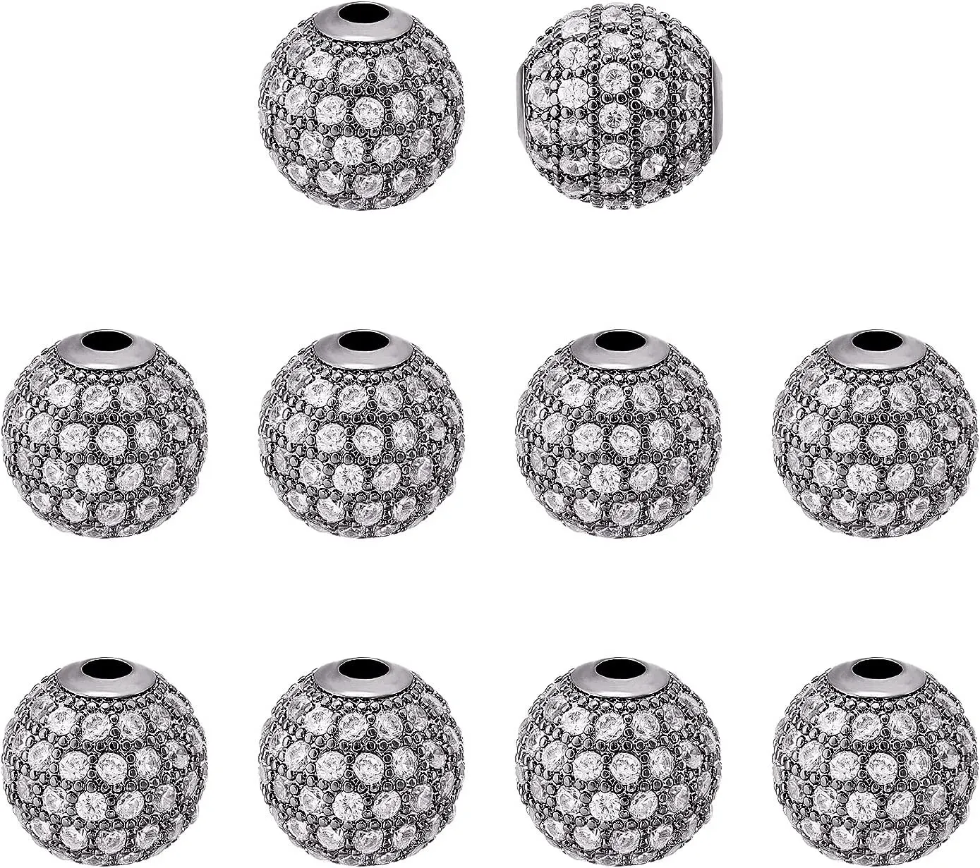 NBEADS 10 Pcs 10mm Gunmetal Brass Cubic Zirconia Beads, Clear CZ Stones Pave Micro Setting Disco Ball Spacer Beads, Round Bracelet Connector Charms Beads for Jewelry Making