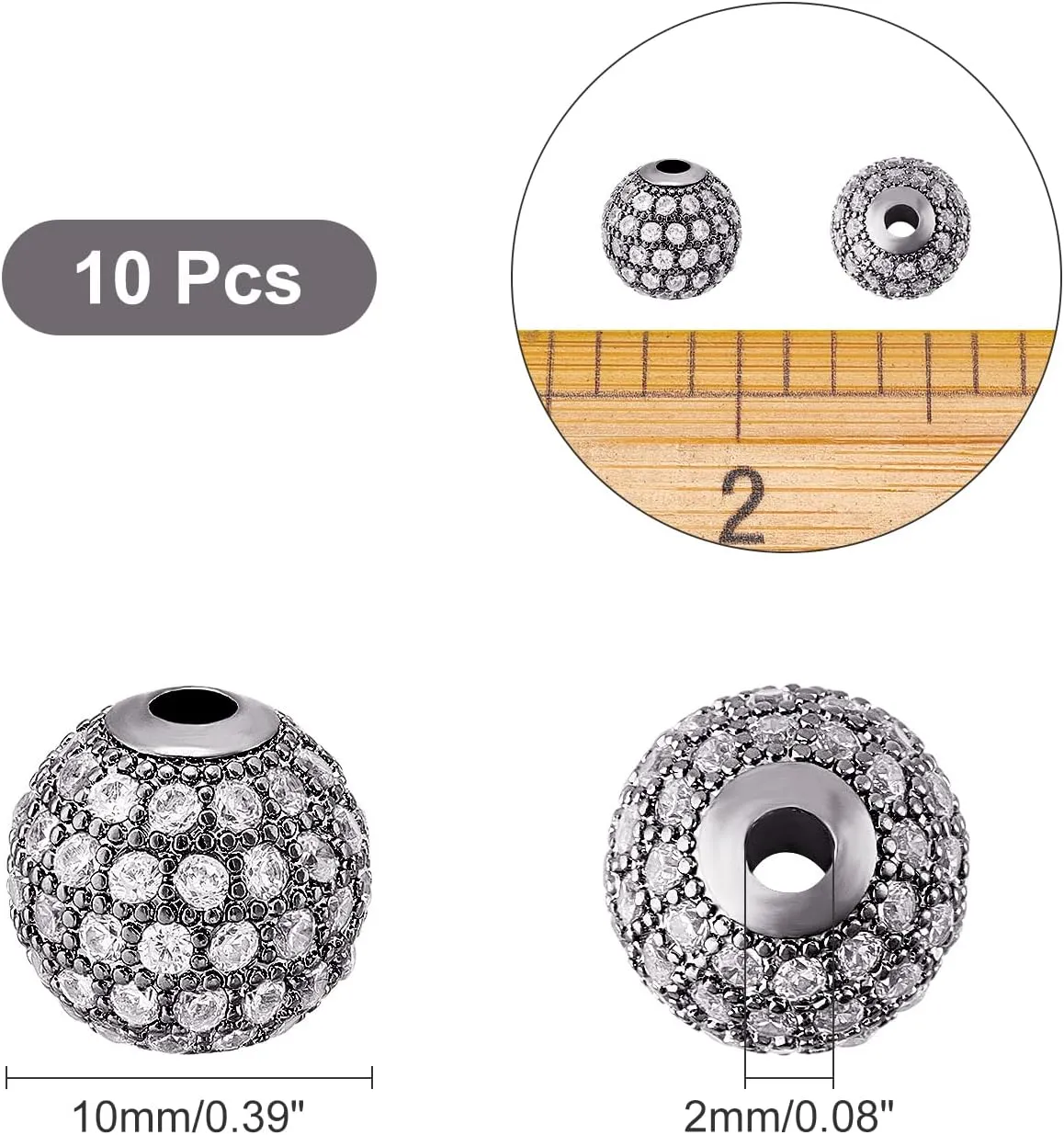NBEADS 10 Pcs 10mm Gunmetal Brass Cubic Zirconia Beads, Clear CZ Stones Pave Micro Setting Disco Ball Spacer Beads, Round Bracelet Connector Charms Beads for Jewelry Making