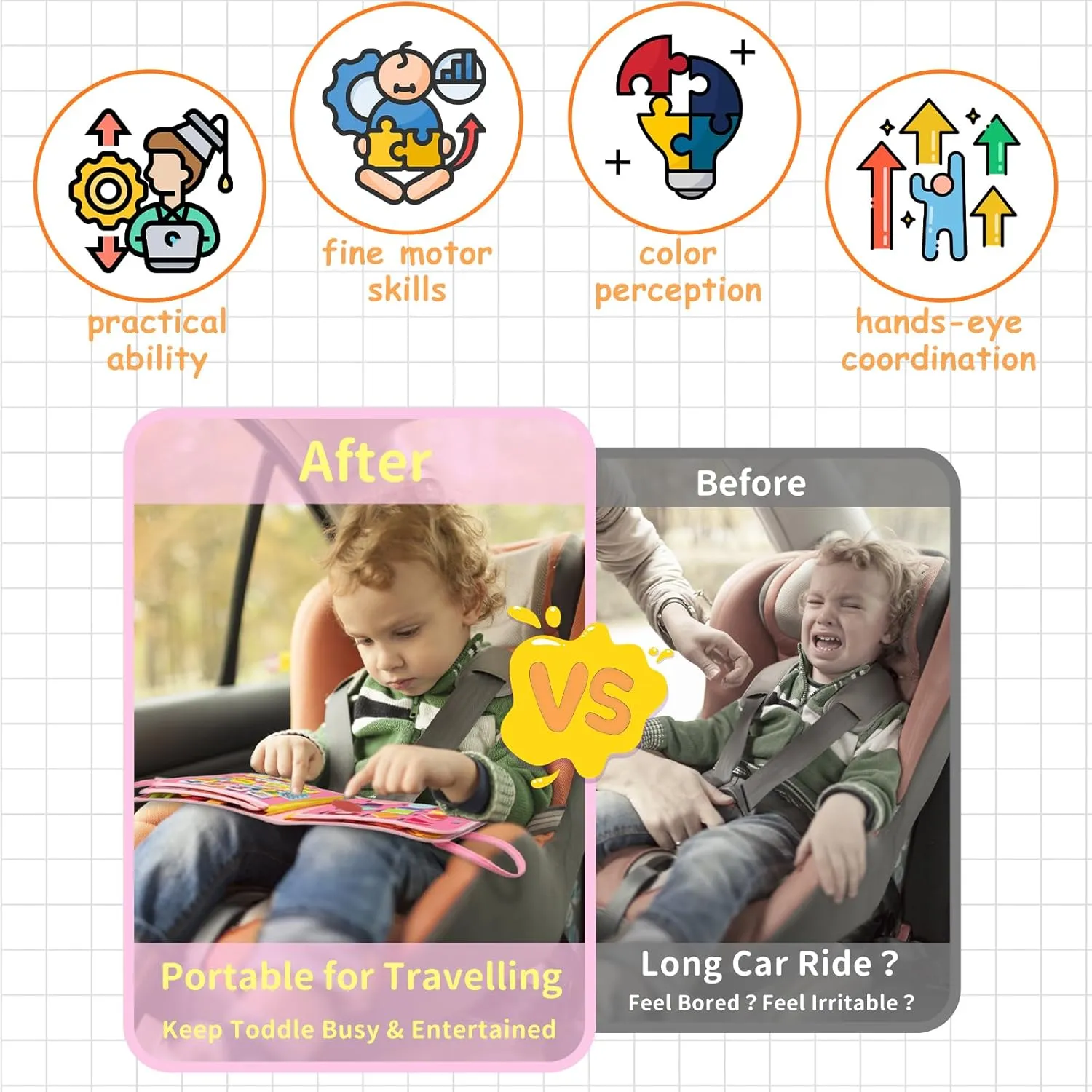Nicecho Busy Board Montessori Toy for 1 2 3 4 Year Old Toddlers, Educational Activity Developing Sensory Board for Fine Basic Dress Motor Skills, Travel Toys for Plane Car, Gift for Boys Girls