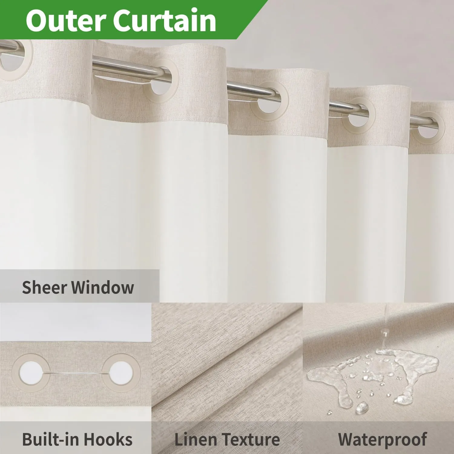 No Hooks Polyester Textured Shower Curtain with Snap-in Fabric Liner Set, Hotel Luxury Decor Shower Curtains for Bathroom with See Through Top Window, Waterproof & Washable, 71Wx74H, Cream