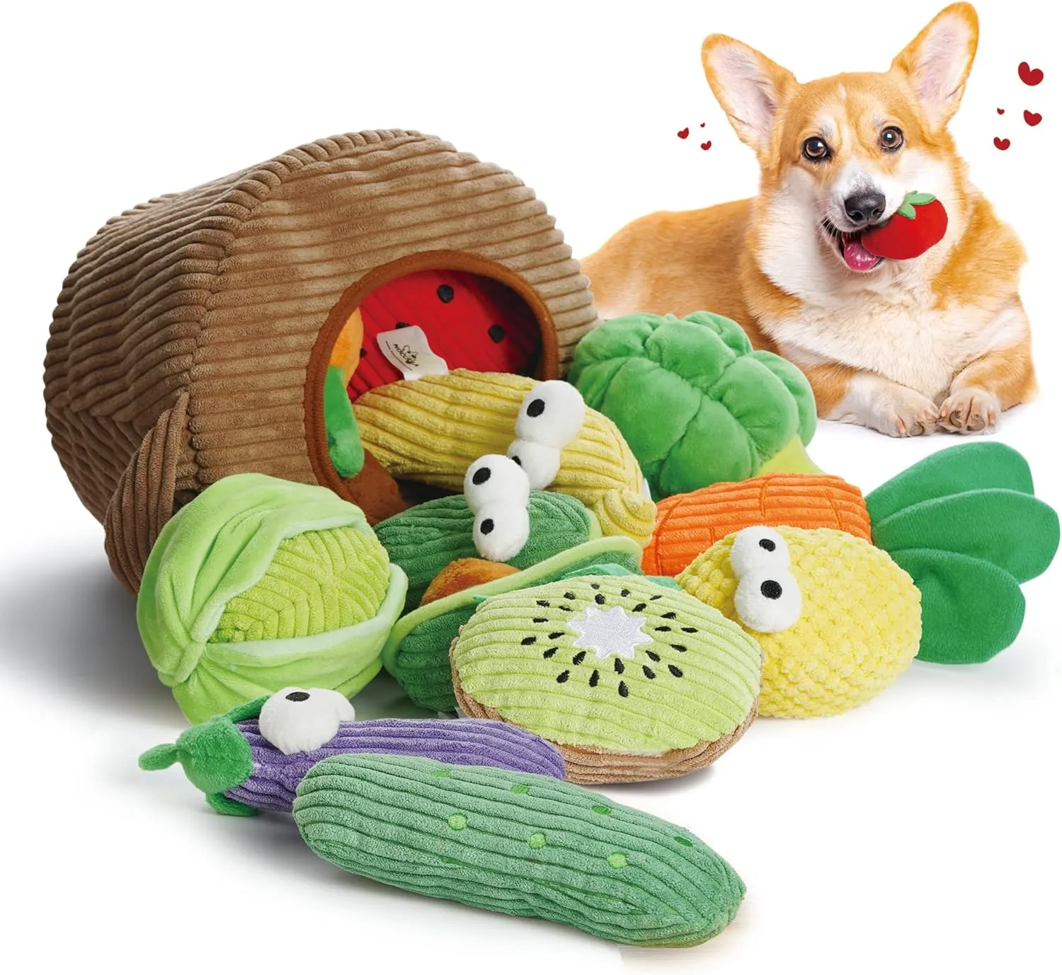 Nocciola Small Squeaky Crinkle Dog Toys- 15 Packs Grocery Bag Fruits Veggies Puppy Toys to Keep Them Busy, Cute Durable Plush Stuffed Hide and Seek Cognitive Boredom Toys for Aggressive Chewers