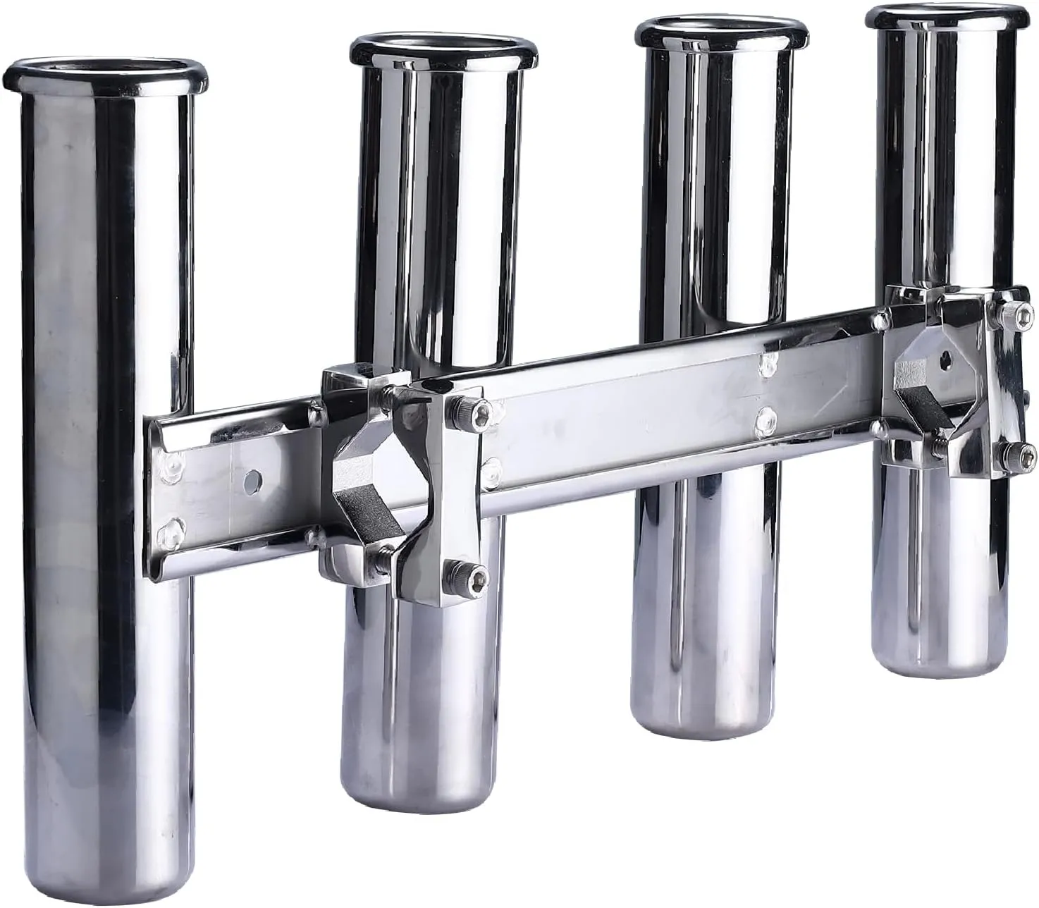 NovelBee 4 Tubes Fishing Rod Holders,Stainless Steel Boat Rod Holder with Clamp Adjustable for Rails from 4/5" to 1-1/5" diam Tube