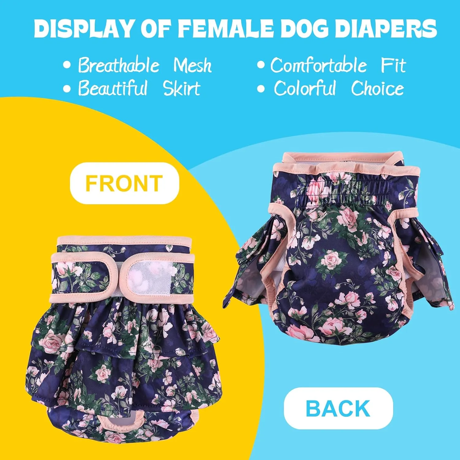 NOYAL Washable Dog Diapers Female Reusable High Absorbency Leak-Proof Rose Pattern Doggie Diapers 3 Pack