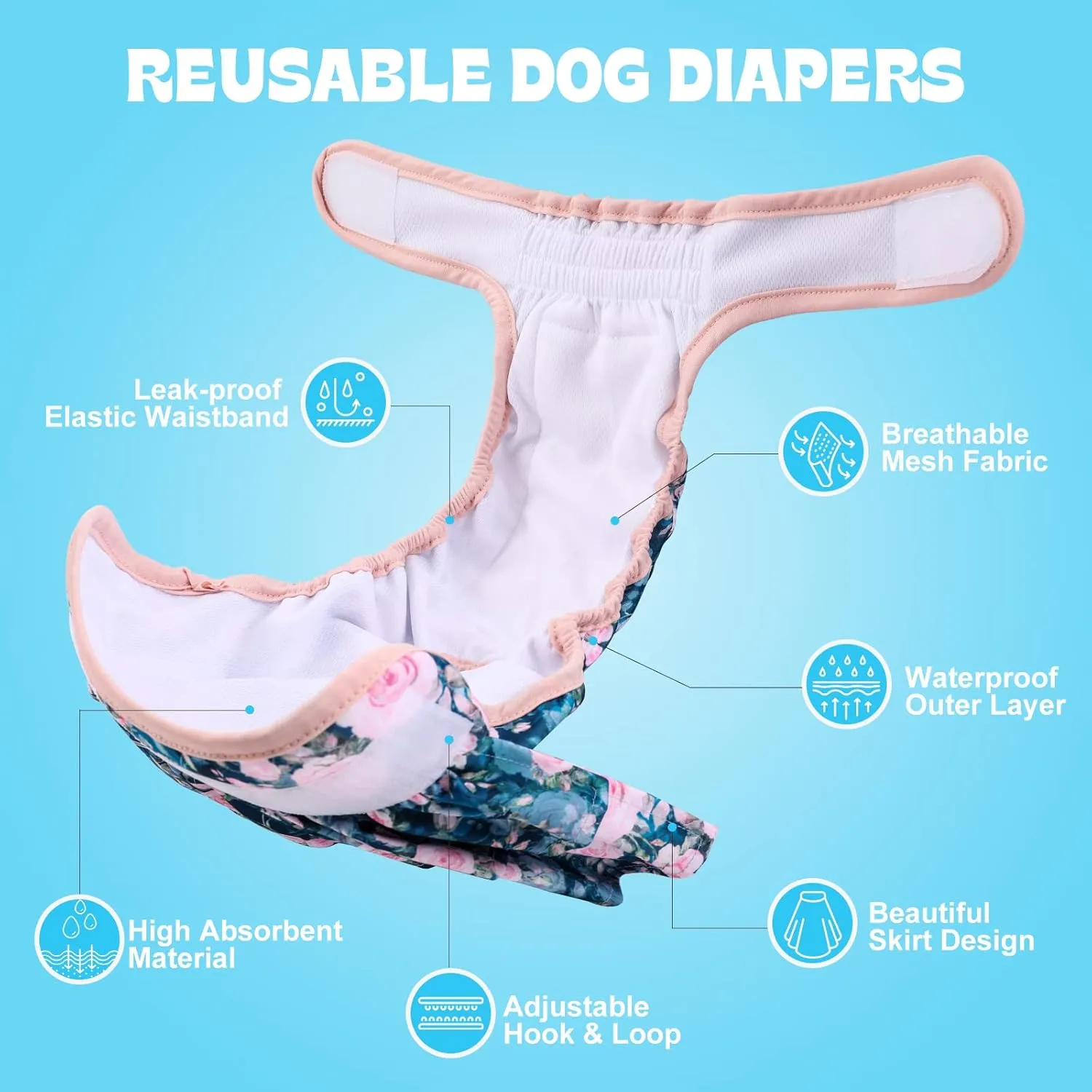 NOYAL Washable Dog Diapers Female Reusable High Absorbency Leak-Proof Rose Pattern Doggie Diapers 3 Pack