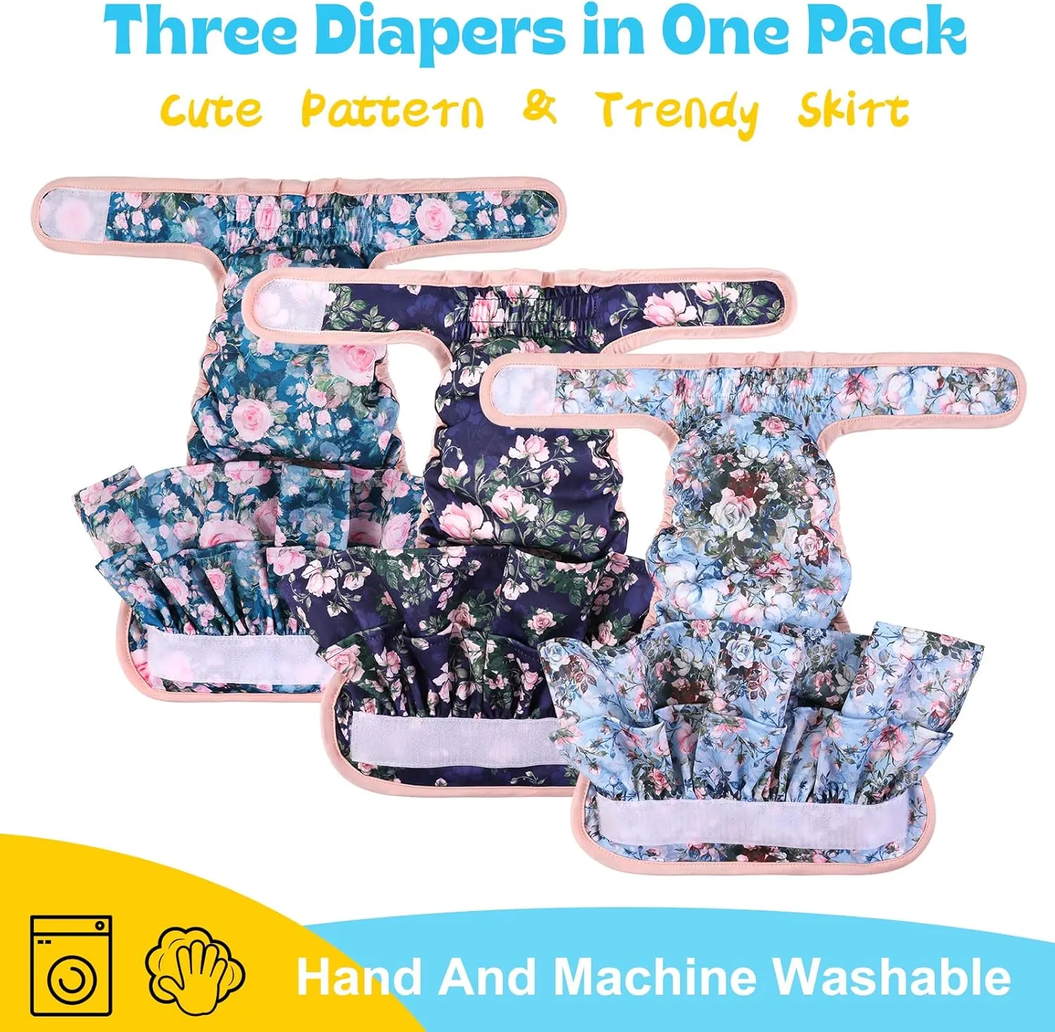 NOYAL Washable Dog Diapers Female Reusable High Absorbency Leak-Proof Rose Pattern Doggie Diapers 3 Pack
