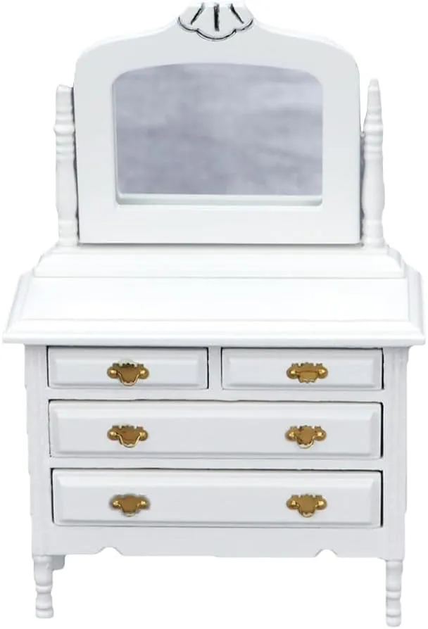 NUOBESTY Mini Dressing Table, 1pc Dollhouse Dressing Table with Mirror 1:12 Scale Wooden Dollhouse Furniture Accessories Miniature Furniture for Doll House Decor