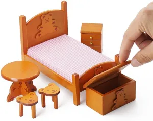 Odoria Dollhouse Bedroom Furniture Miniature : 1/12 Scale Single Bed with Bedding Cute Storage Chest Trunk - Mini Bedside Table and Chairs Wooden Nightstand 6Pcs